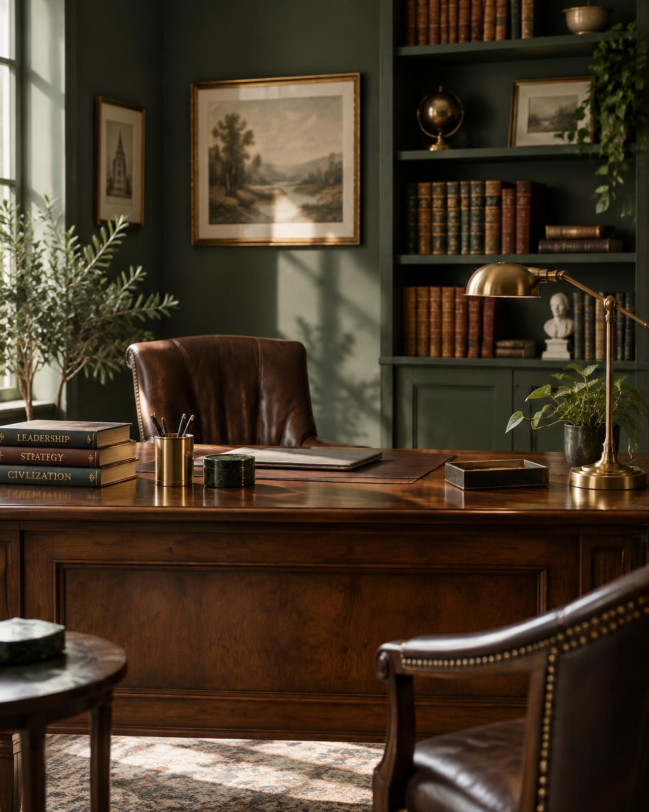 Escritório com mesa de madeira, estante de livros e luminária
